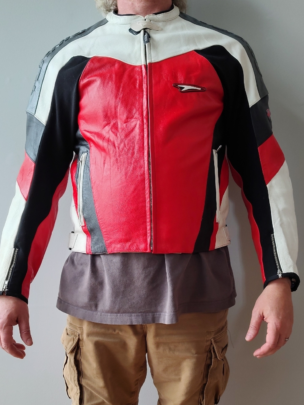 Teknic Men's Red Black White Leather Motorcycle Jacket